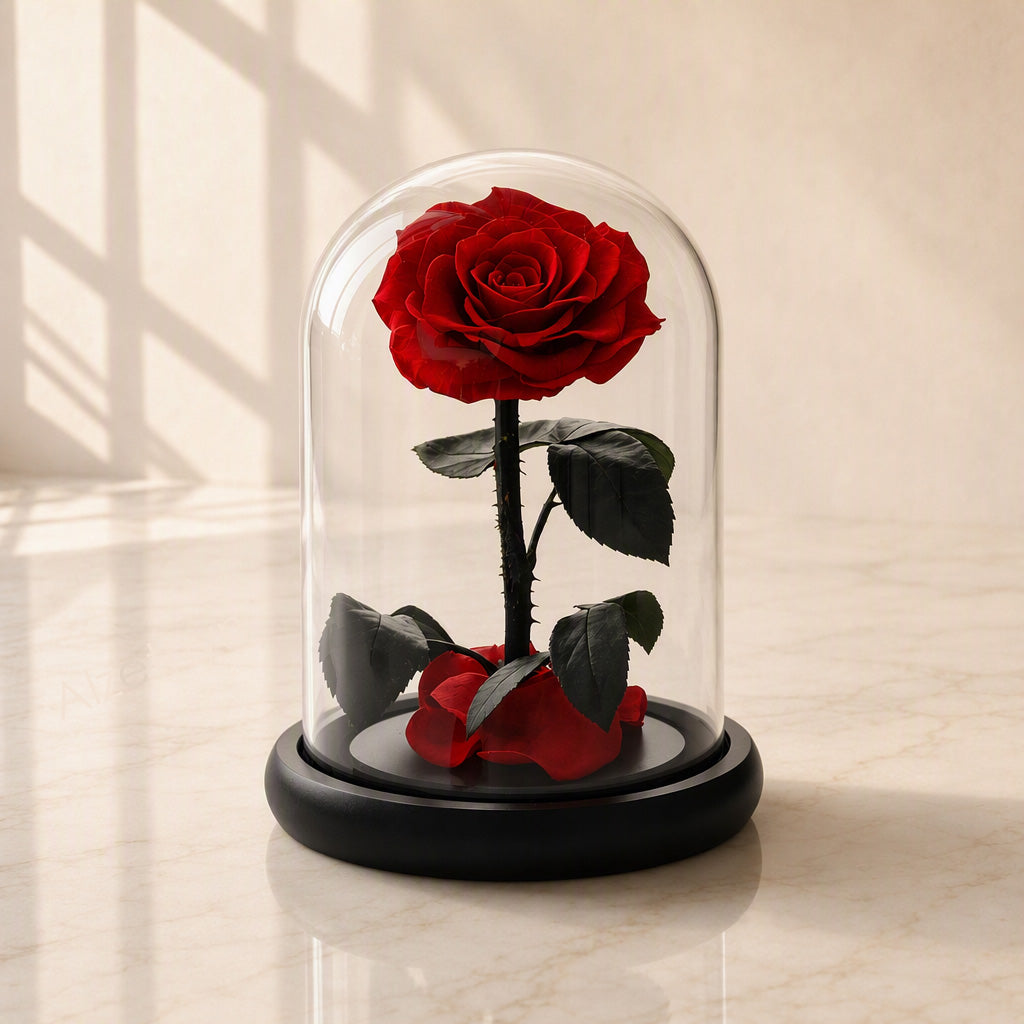 Forever Under Glass Dome with Scattered Rose Petals